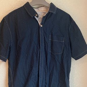 navy and white short sleeve button down casual shirt